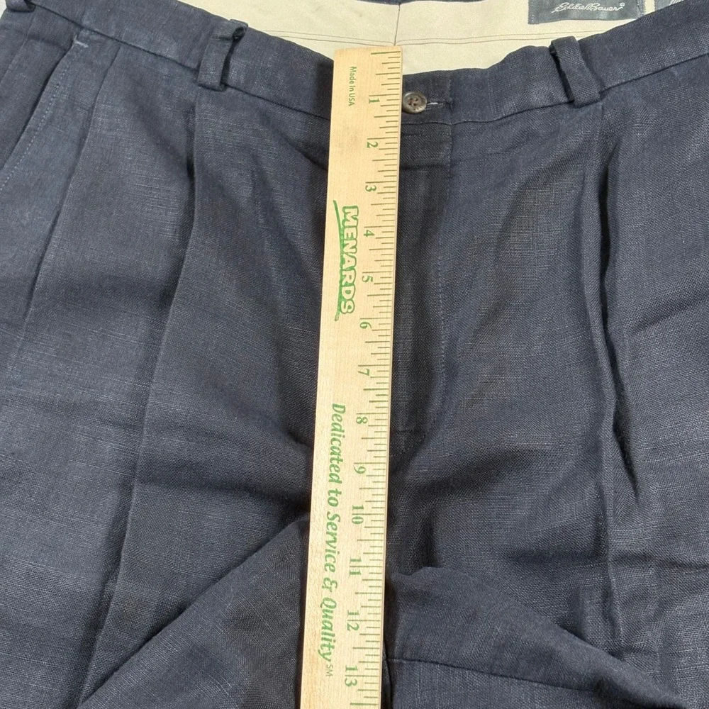 Eddie Bauer Mens Belgian Linen Pleated Cuffed Trousers Navy Blue Relaxed Fit 38